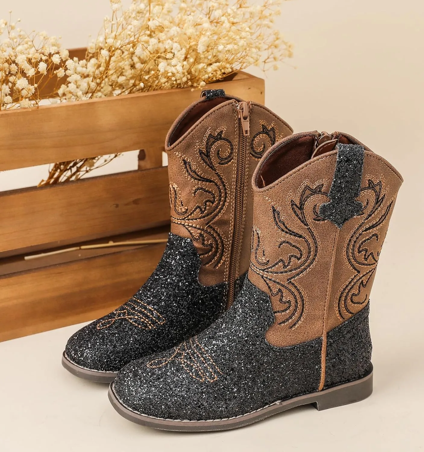 DADAWEN Kids Glitter Square Toe Cowgirl Boots Cowboy Western Boots Boys Girls Mid Calf Riding Shoes With Side Zipper