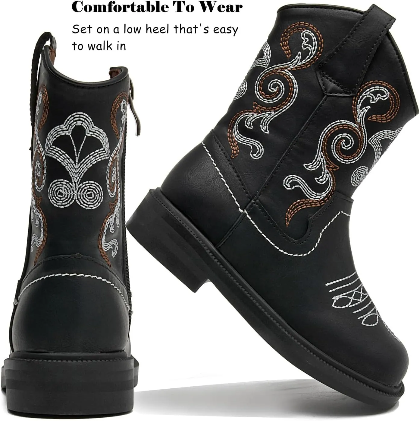 DADAWEN Toddler Little Boys Girls Cowboy Boots Kids Embroidered Western Cowgirl Boots Square Toe Mid Calf Riding Shoes