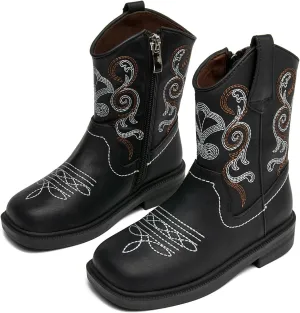 DADAWEN Toddler Little Boys Girls Cowboy Boots Kids Embroidered Western Cowgirl Boots Square Toe Mid Calf Riding Shoes