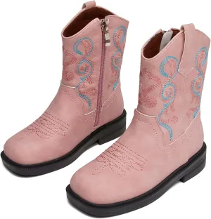 DADAWEN Toddler Little Boys Girls Cowboy Boots Kids Embroidered Western Cowgirl Boots Square Toe Mid Calf Riding Shoes