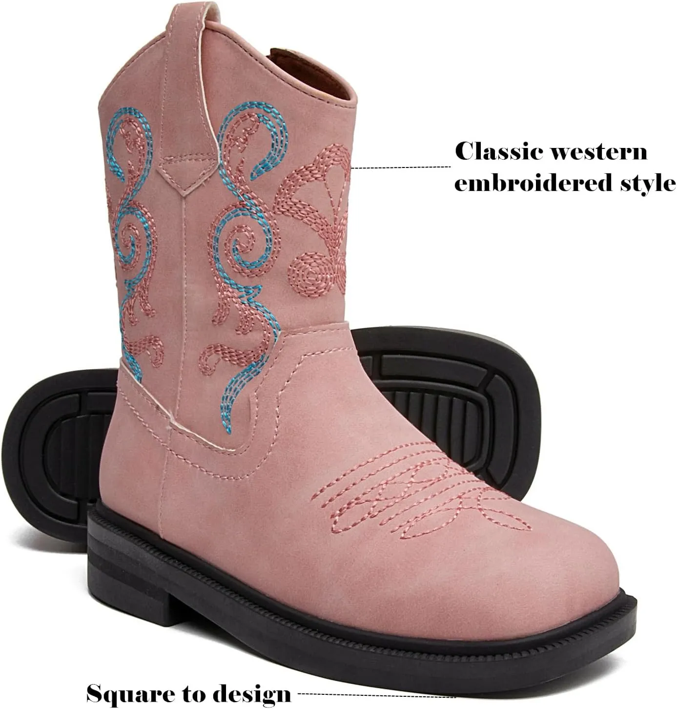 DADAWEN Toddler Little Boys Girls Cowboy Boots Kids Embroidered Western Cowgirl Boots Square Toe Mid Calf Riding Shoes