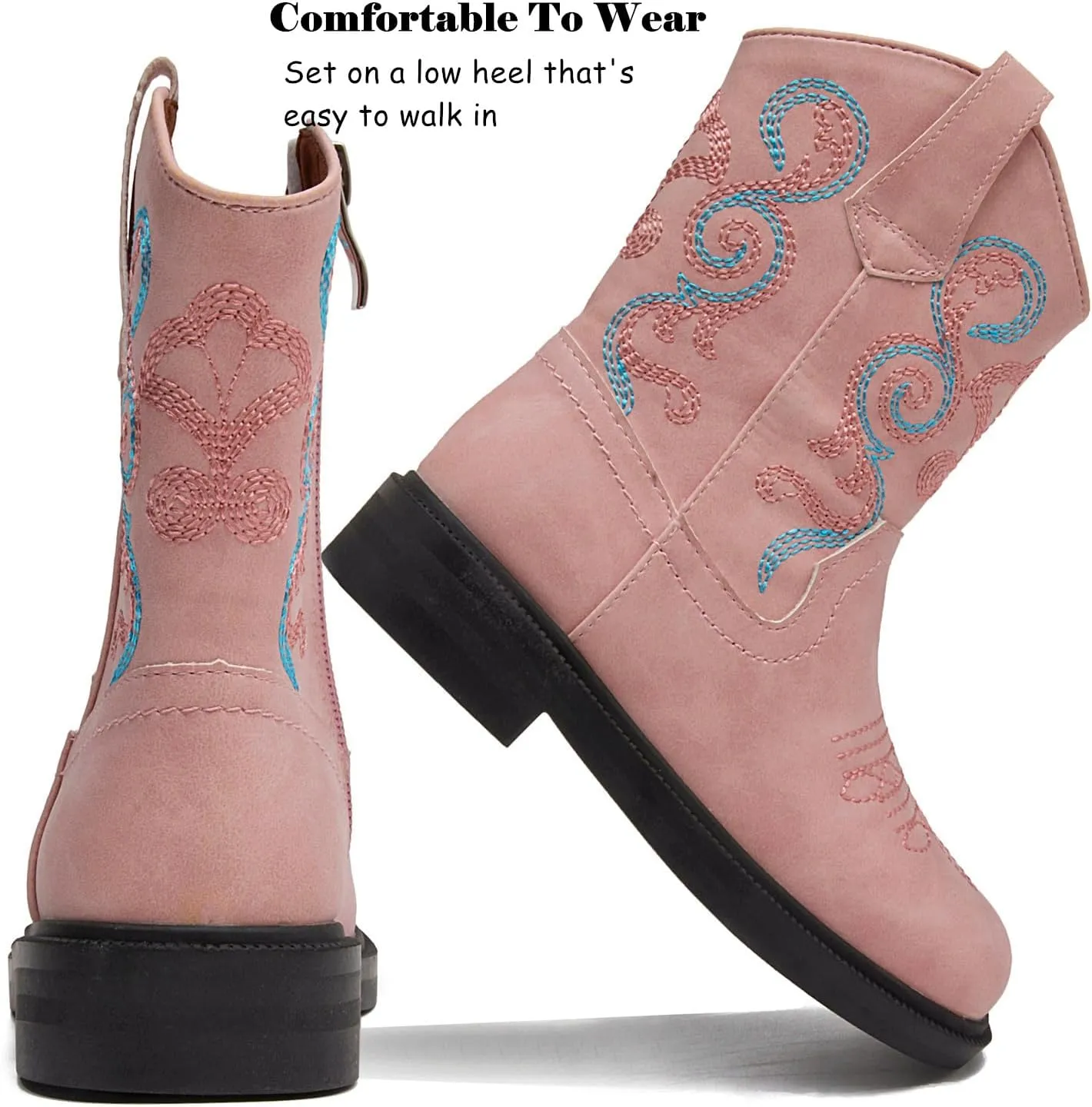 DADAWEN Toddler Little Boys Girls Cowboy Boots Kids Embroidered Western Cowgirl Boots Square Toe Mid Calf Riding Shoes
