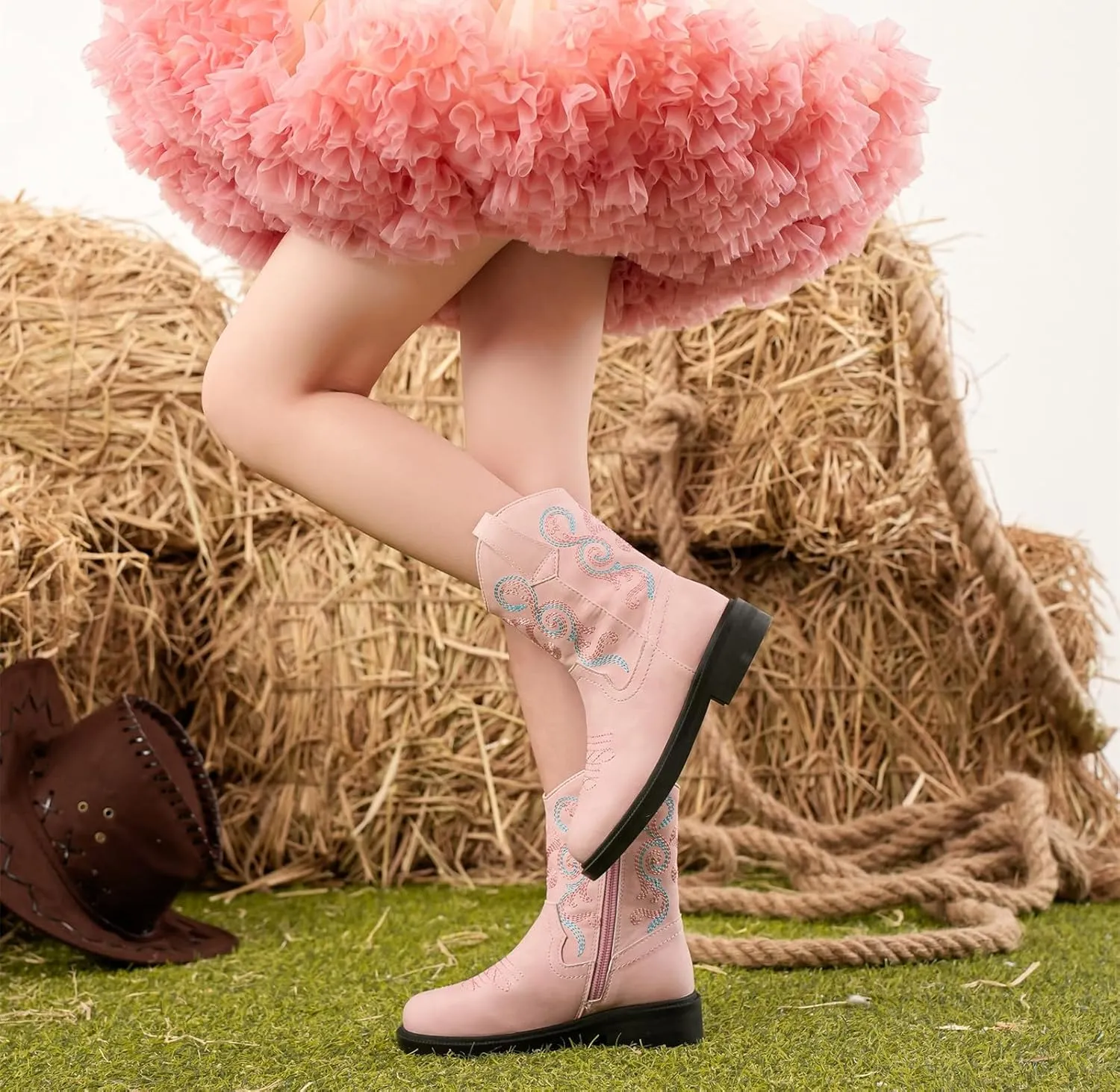 DADAWEN Toddler Little Boys Girls Cowboy Boots Kids Embroidered Western Cowgirl Boots Square Toe Mid Calf Riding Shoes