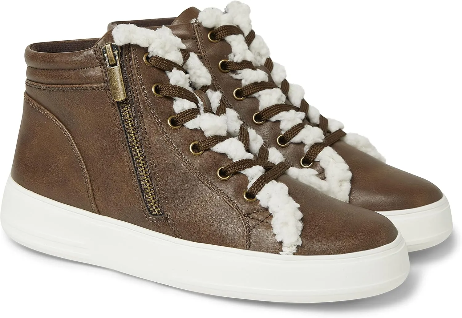 Dearfoams Women's Original Comfort Outside Zip & Lace Bootie with Faux Fur Detail Platform