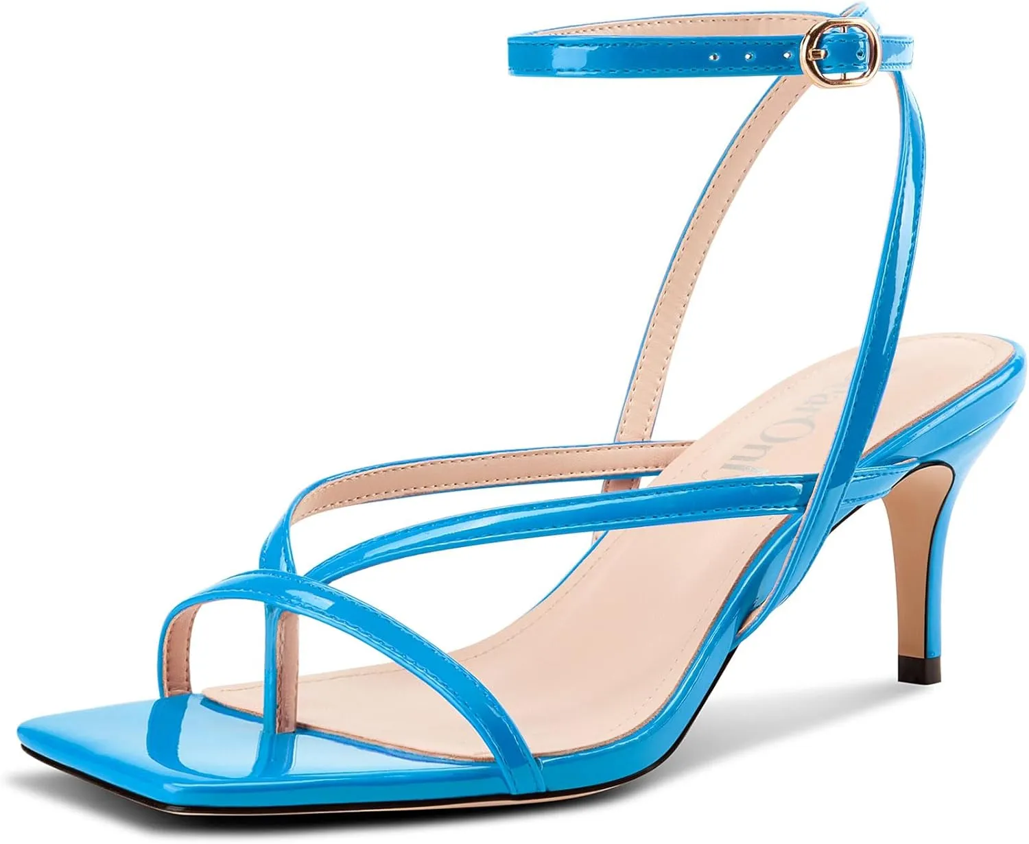 DearOnly Womens Square Toe Thong Strappy Kitten Heels Ankle Strap Party Dress Shoes Mid Heel Sandals 2.6 Inches Heels