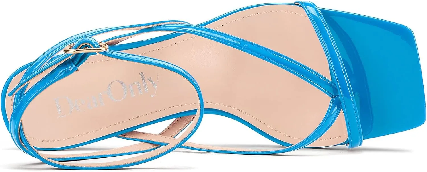DearOnly Womens Square Toe Thong Strappy Kitten Heels Ankle Strap Party Dress Shoes Mid Heel Sandals 2.6 Inches Heels