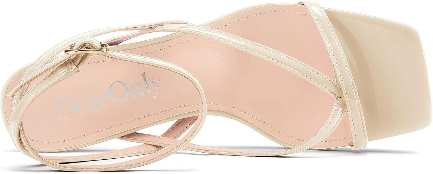 DearOnly Womens Square Toe Thong Strappy Kitten Heels Ankle Strap Party Dress Shoes Mid Heel Sandals 2.6 Inches Heels