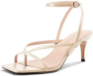 DearOnly Womens Square Toe Thong Strappy Kitten Heels Ankle Strap Party Dress Shoes Mid Heel Sandals 2.6 Inches Heels