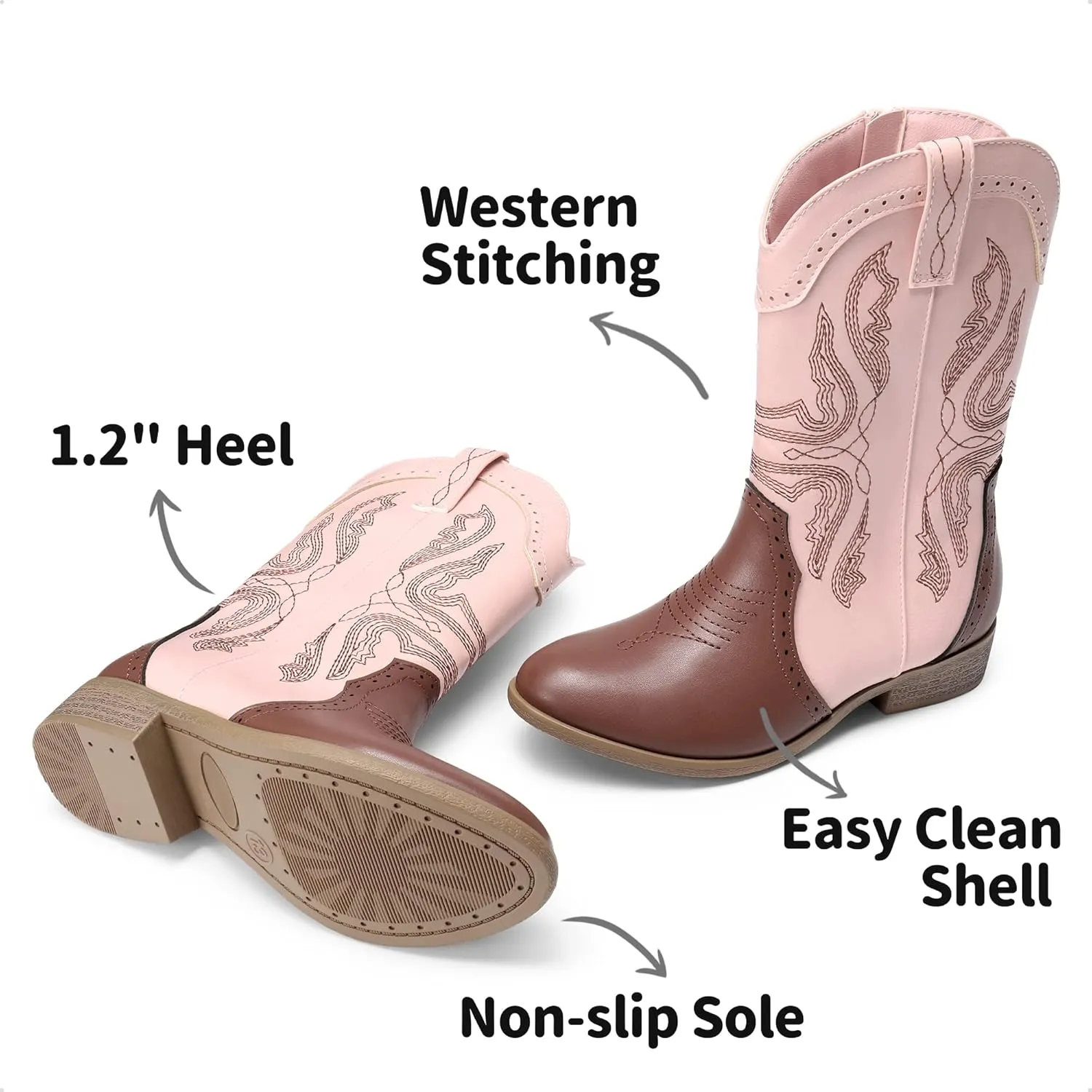 DREAM PAIRS Cowgirl Boots for Girls Boys Cowboy Boots Kids Western Embroidered Mid Calf Riding Shoes with Walking Heel Toddler/Little Kid/Big Kid