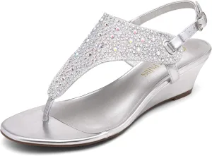 DREAM PAIRS Women's Wedge Thong Sandals, Summer Rhinestone Dress Shoes for Wedding