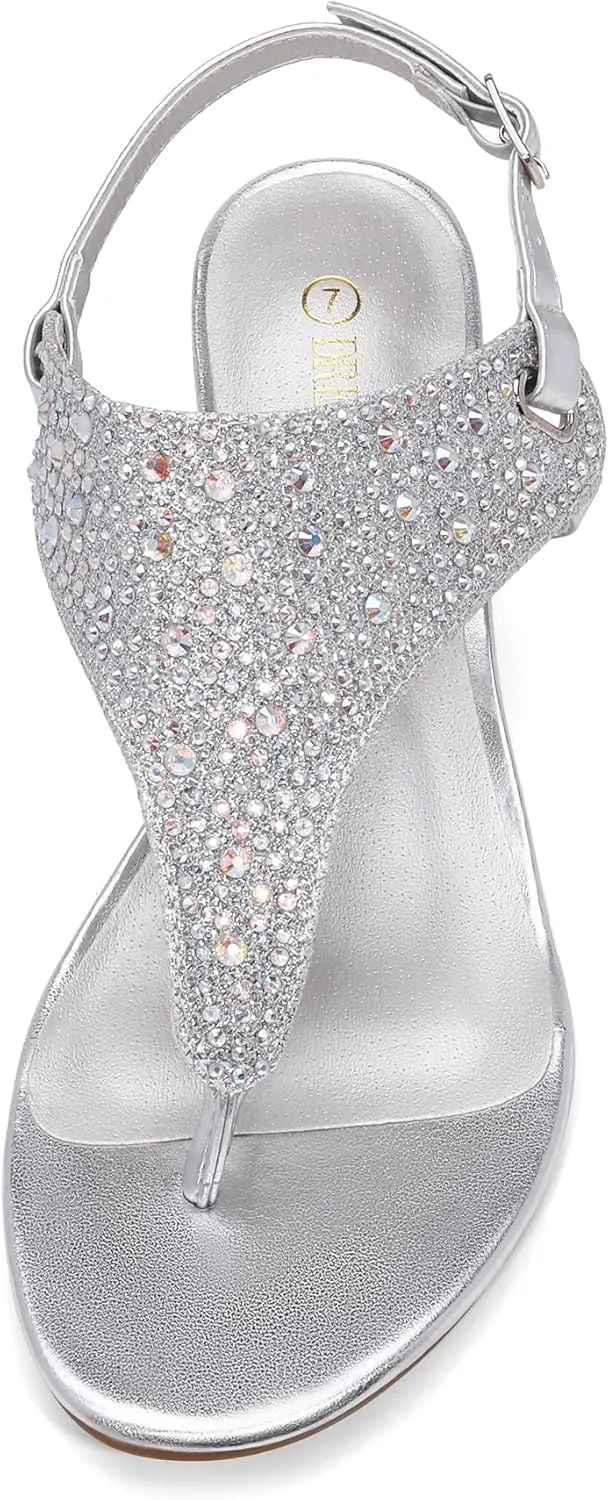 DREAM PAIRS Women's Wedge Thong Sandals, Summer Rhinestone Dress Shoes for Wedding