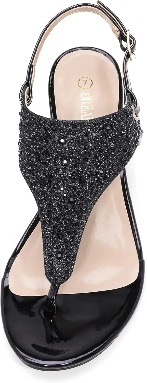 DREAM PAIRS Women's Wedge Thong Sandals, Summer Rhinestone Dress Shoes for Wedding