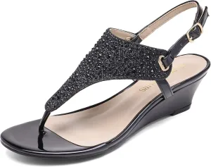 DREAM PAIRS Women's Wedge Thong Sandals, Summer Rhinestone Dress Shoes for Wedding