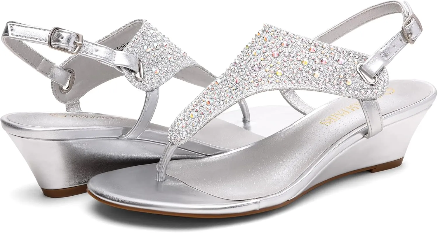 DREAM PAIRS Women's Wedge Thong Sandals, Summer Rhinestone Dress Shoes for Wedding