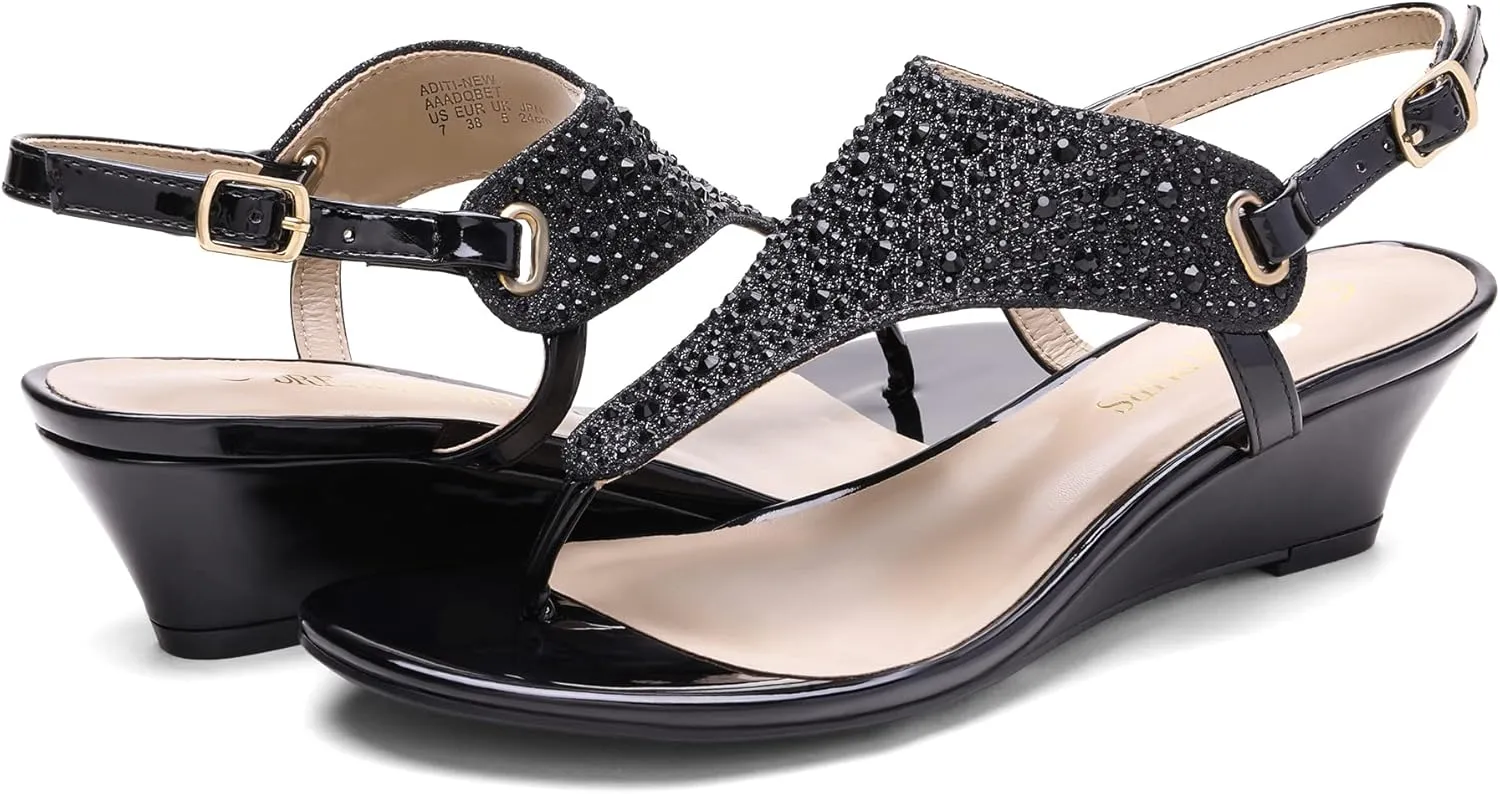 DREAM PAIRS Women's Wedge Thong Sandals, Summer Rhinestone Dress Shoes for Wedding