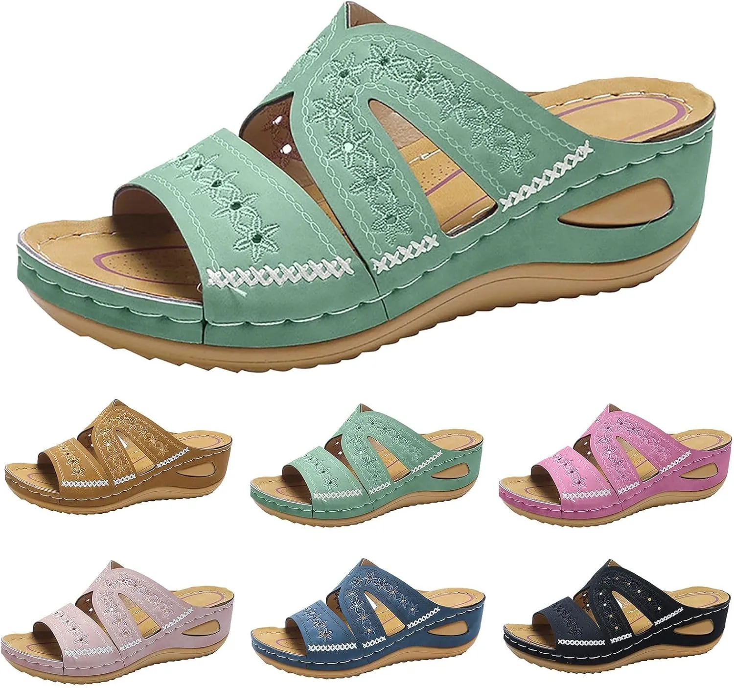 Eduavar Women's Orange Wedge Sandals, Comfortable Vintage Slip-On Open Toe Wedges