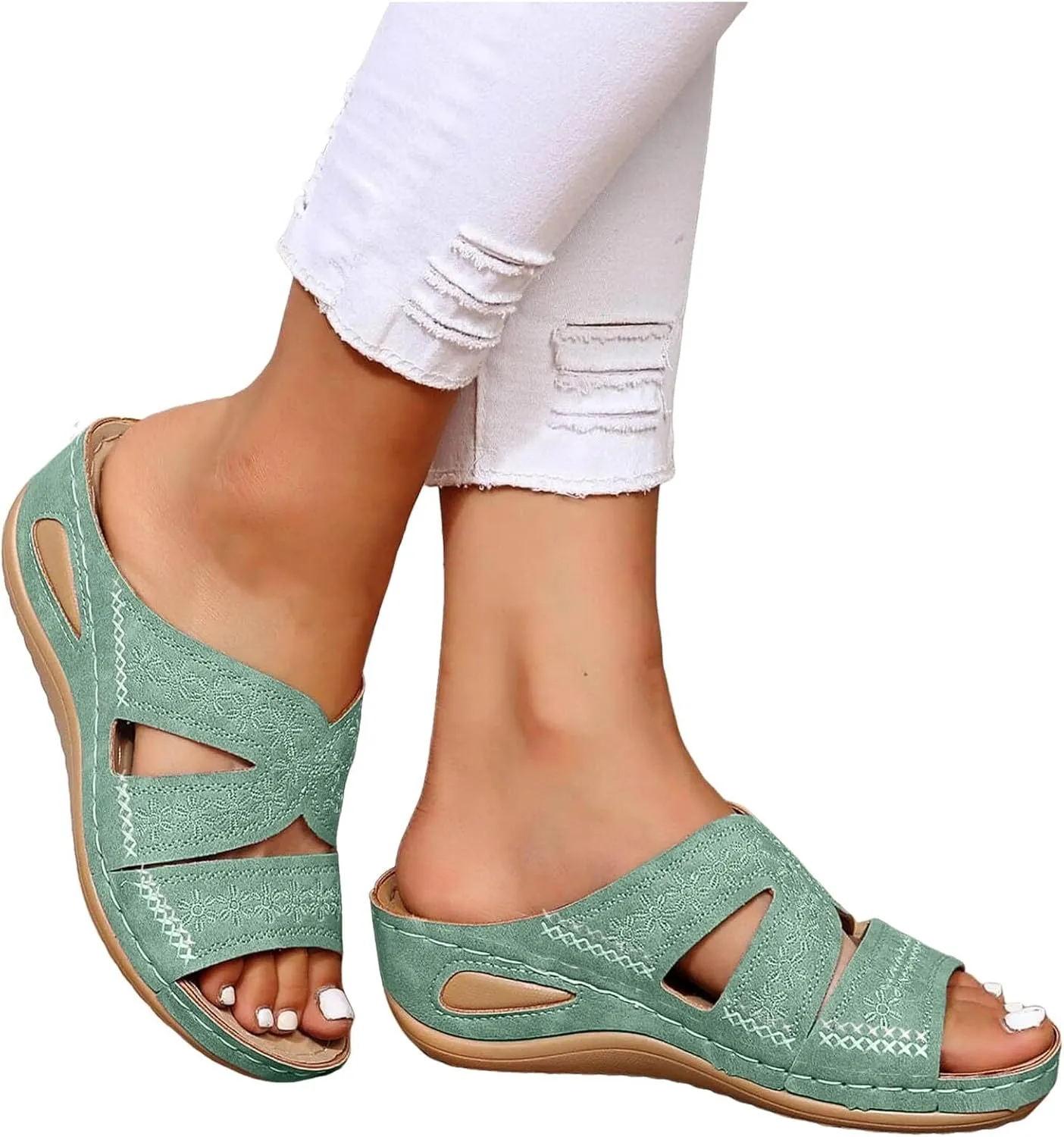 Eduavar Women's Orange Wedge Sandals, Comfortable Vintage Slip-On Open Toe Wedges
