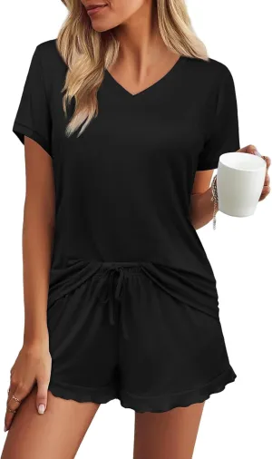 Ekouaer Womens Pajama Sets Summer Pjs Soft Short Sleeve Sleepwear Comfy Ruffle Pj Shorts Set Cute Lounge Sets with Pockets