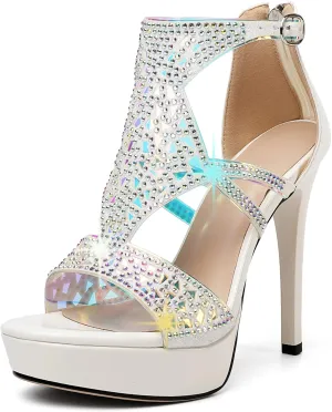 Eldof High Heeled Sandals for Women, Open Toe Strappy Platform Sandals, Cutout Gladiator Heels with Rinestones, Pumps Shoes for Dress Party Evening Summer