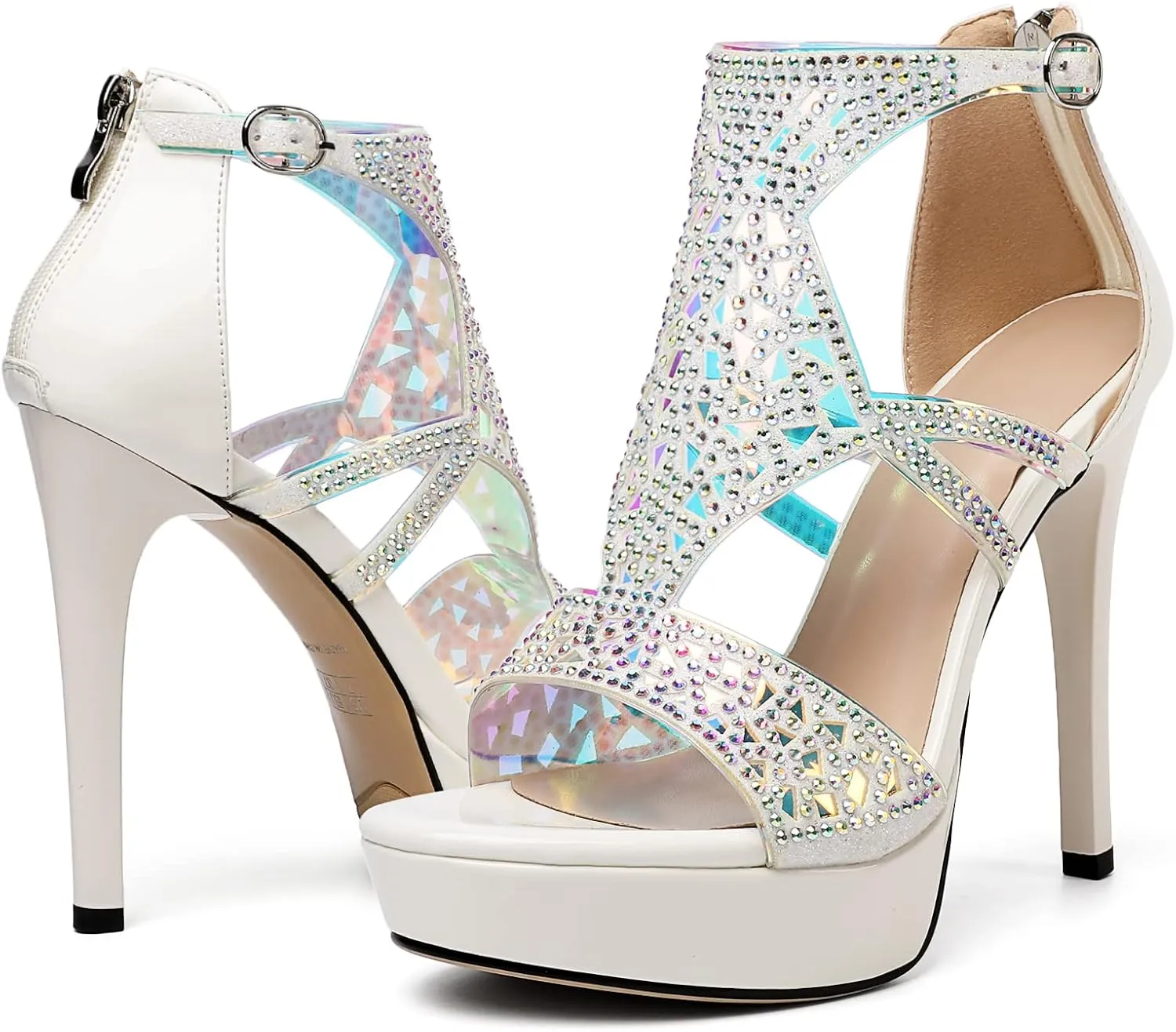Eldof High Heeled Sandals for Women, Open Toe Strappy Platform Sandals, Cutout Gladiator Heels with Rinestones, Pumps Shoes for Dress Party Evening Summer