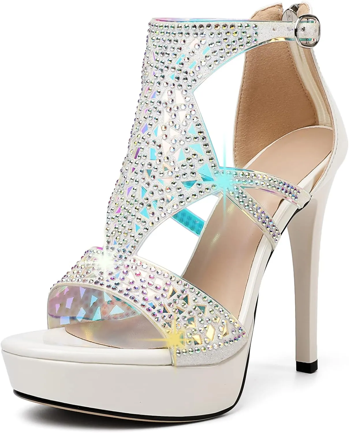 Eldof High Heeled Sandals for Women, Open Toe Strappy Platform Sandals, Cutout Gladiator Heels with Rinestones, Pumps Shoes for Dress Party Evening Summer