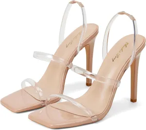 Elisabet Tang 4.3 Inch Open Toe Strappy Square Toe Heels Stiletto for Women