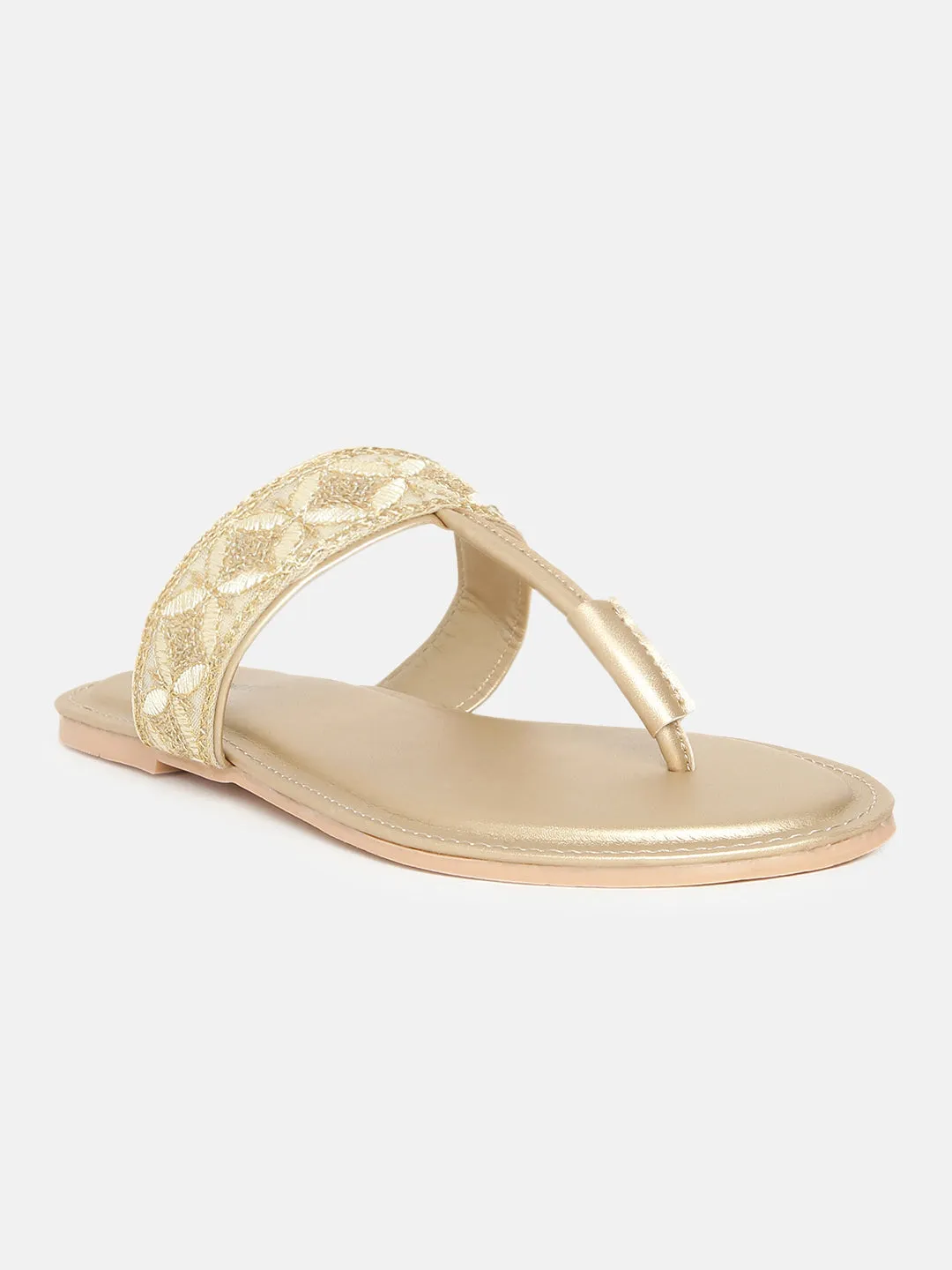 Embroidered T Strap Flats