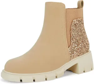 Ermonn Girls Ankle Boots Chelsea Glitter Side Zipper Non-Slip Outdoor Fashion Booties for Toddler/Little Kid/Big Kid