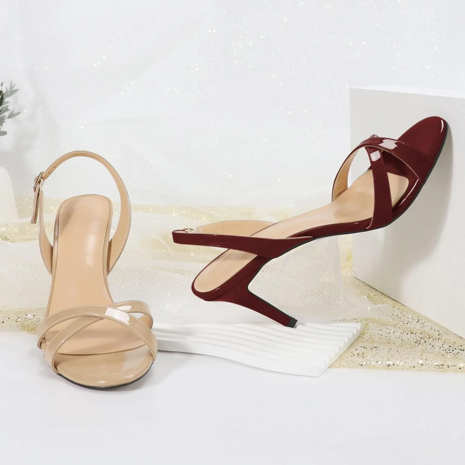 Esvowido Women's Heeled Sandals Open Toe Stilettos Slingback Ankle Strap High Heels Cross Strappy Wedding Bridal Party Office Shoes 3.4 Inch