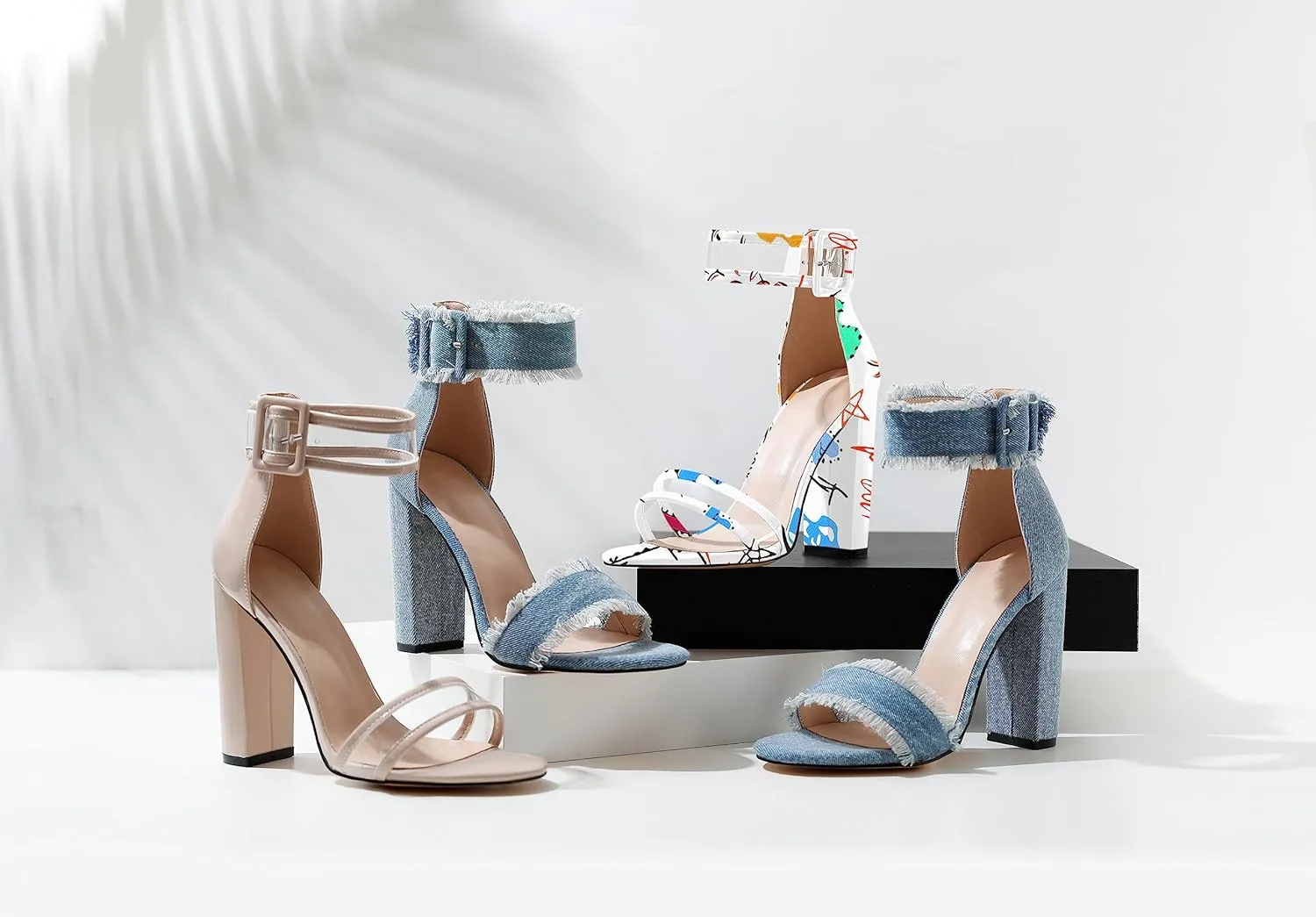 Esvowido Women's Open Toe Denim High Heeled Sandals Fashion Comfortable Ankle Strap Tassel Chunky Block Heels