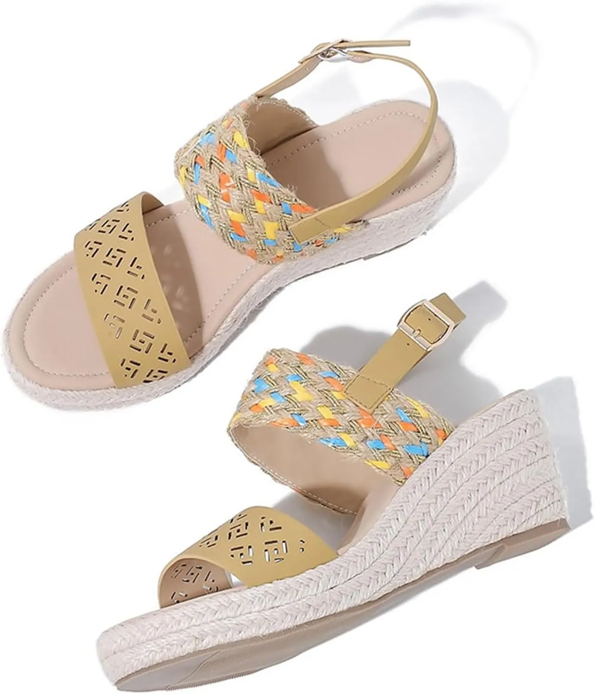 FAIRSOMA Women's Flax Ankle Strap Open Toe Espadrille Wedge Heels Sandals,Summer Classic Middle Heel Backless Platform Shoes Casual Retro Non-Slip Beach Sandals