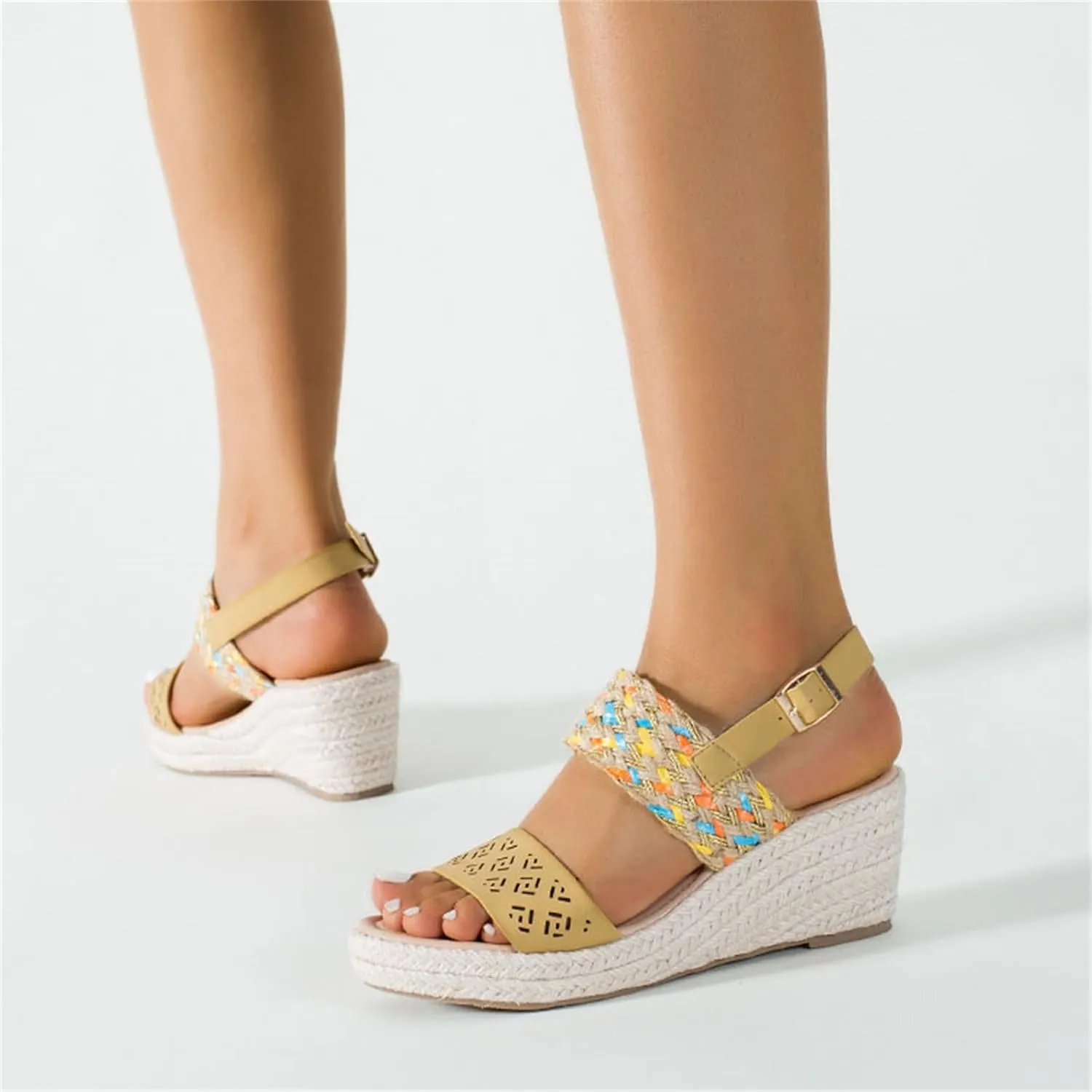 FAIRSOMA Women's Flax Ankle Strap Open Toe Espadrille Wedge Heels Sandals,Summer Classic Middle Heel Backless Platform Shoes Casual Retro Non-Slip Beach Sandals