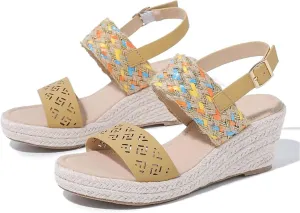 FAIRSOMA Women's Flax Ankle Strap Open Toe Espadrille Wedge Heels Sandals,Summer Classic Middle Heel Backless Platform Shoes Casual Retro Non-Slip Beach Sandals