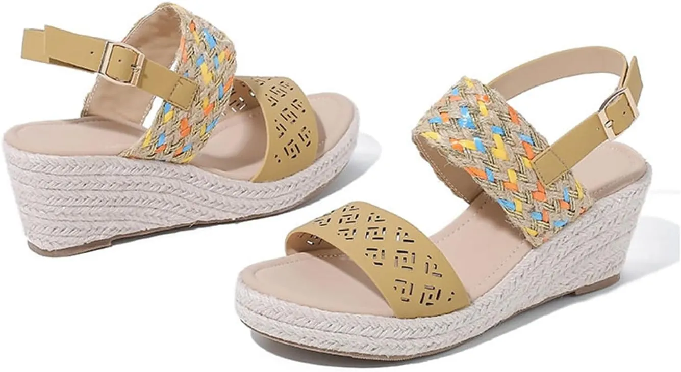FAIRSOMA Women's Flax Ankle Strap Open Toe Espadrille Wedge Heels Sandals,Summer Classic Middle Heel Backless Platform Shoes Casual Retro Non-Slip Beach Sandals
