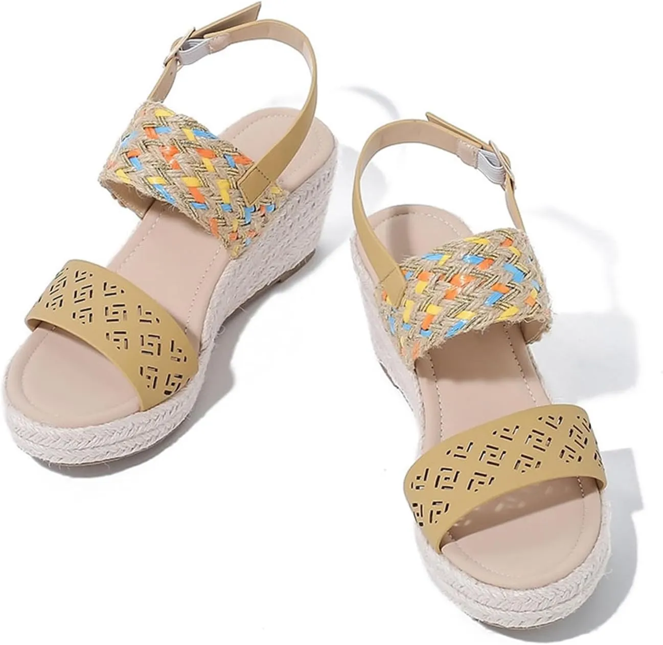 FAIRSOMA Women's Flax Ankle Strap Open Toe Espadrille Wedge Heels Sandals,Summer Classic Middle Heel Backless Platform Shoes Casual Retro Non-Slip Beach Sandals