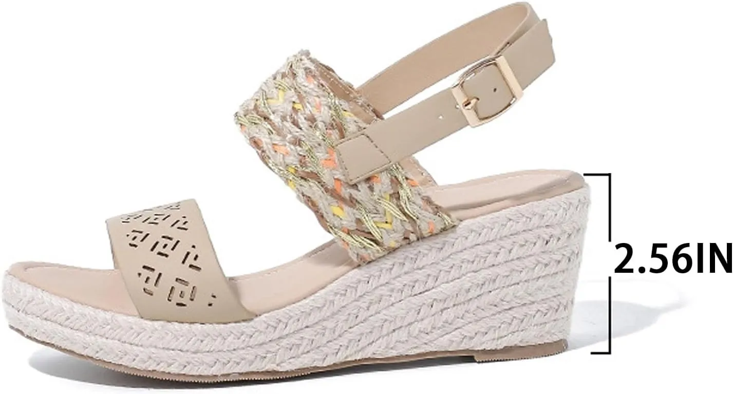 FAIRSOMA Women's Flax Ankle Strap Open Toe Espadrille Wedge Heels Sandals,Summer Classic Middle Heel Backless Platform Shoes Casual Retro Non-Slip Beach Sandals