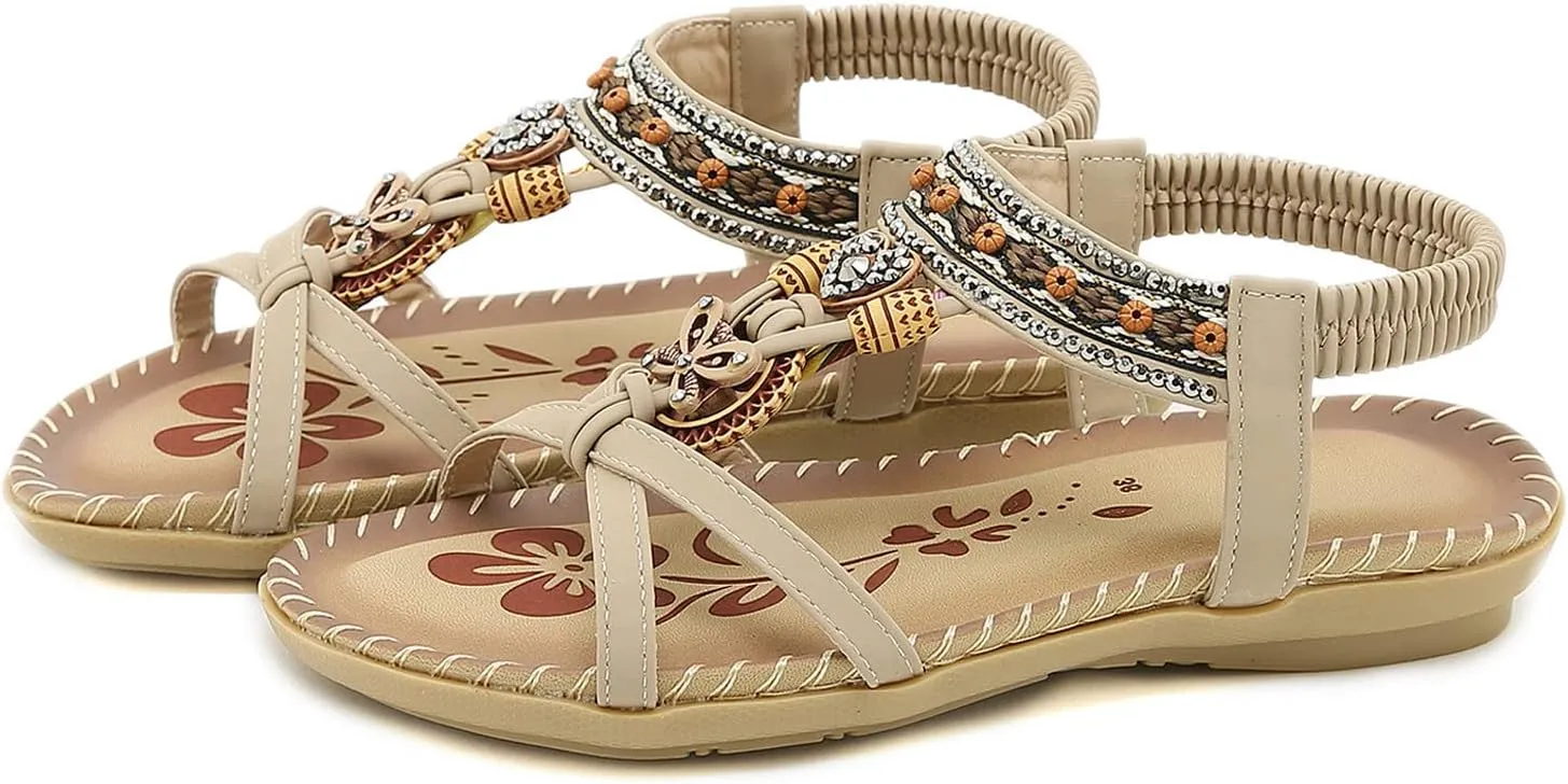 Fashion Women Casual Open Toe Flat Rhinestone Comfortable Soft Bottom Breathable Elastic Band Shoes Sandals Studded Sandals for Women Size 11 (Beige, 8)