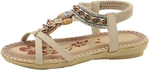 Fashion Women Casual Open Toe Flat Rhinestone Comfortable Soft Bottom Breathable Elastic Band Shoes Sandals Studded Sandals for Women Size 11 (Beige, 8)