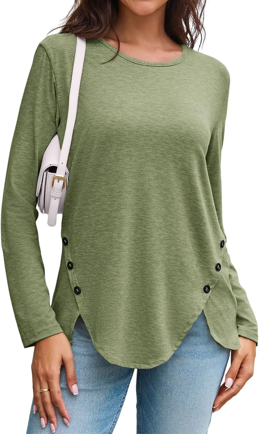 Fisoew Womens Casual Long Sleeve Tunic Tops Round Neck Shirt Button Side Basic Tees Wearring with Leggings 2024