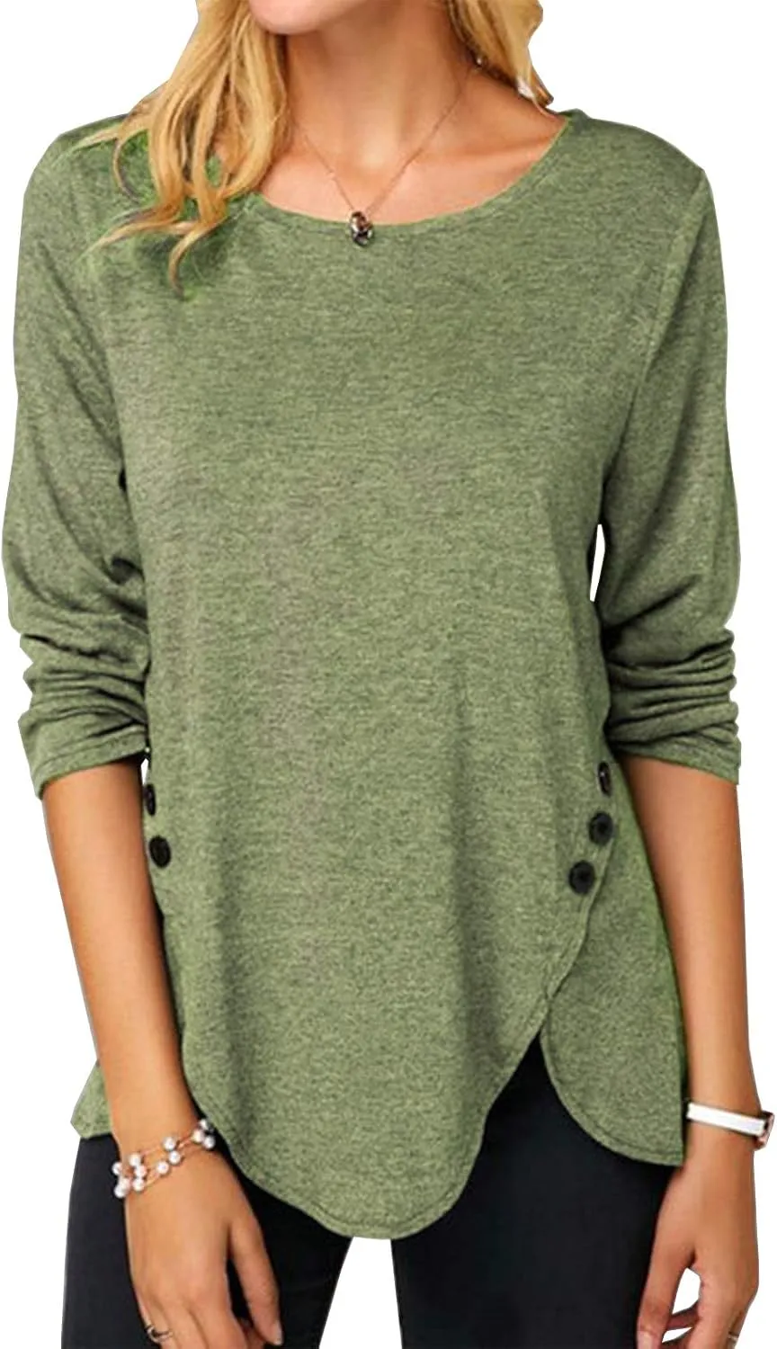 Fisoew Womens Casual Long Sleeve Tunic Tops Round Neck Shirt Button Side Basic Tees Wearring with Leggings 2024