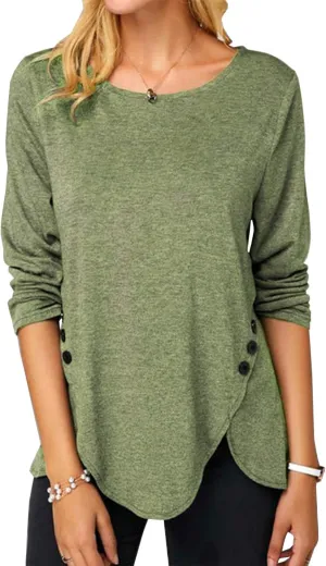 Fisoew Womens Casual Long Sleeve Tunic Tops Round Neck Shirt Button Side Basic Tees Wearring with Leggings 2024