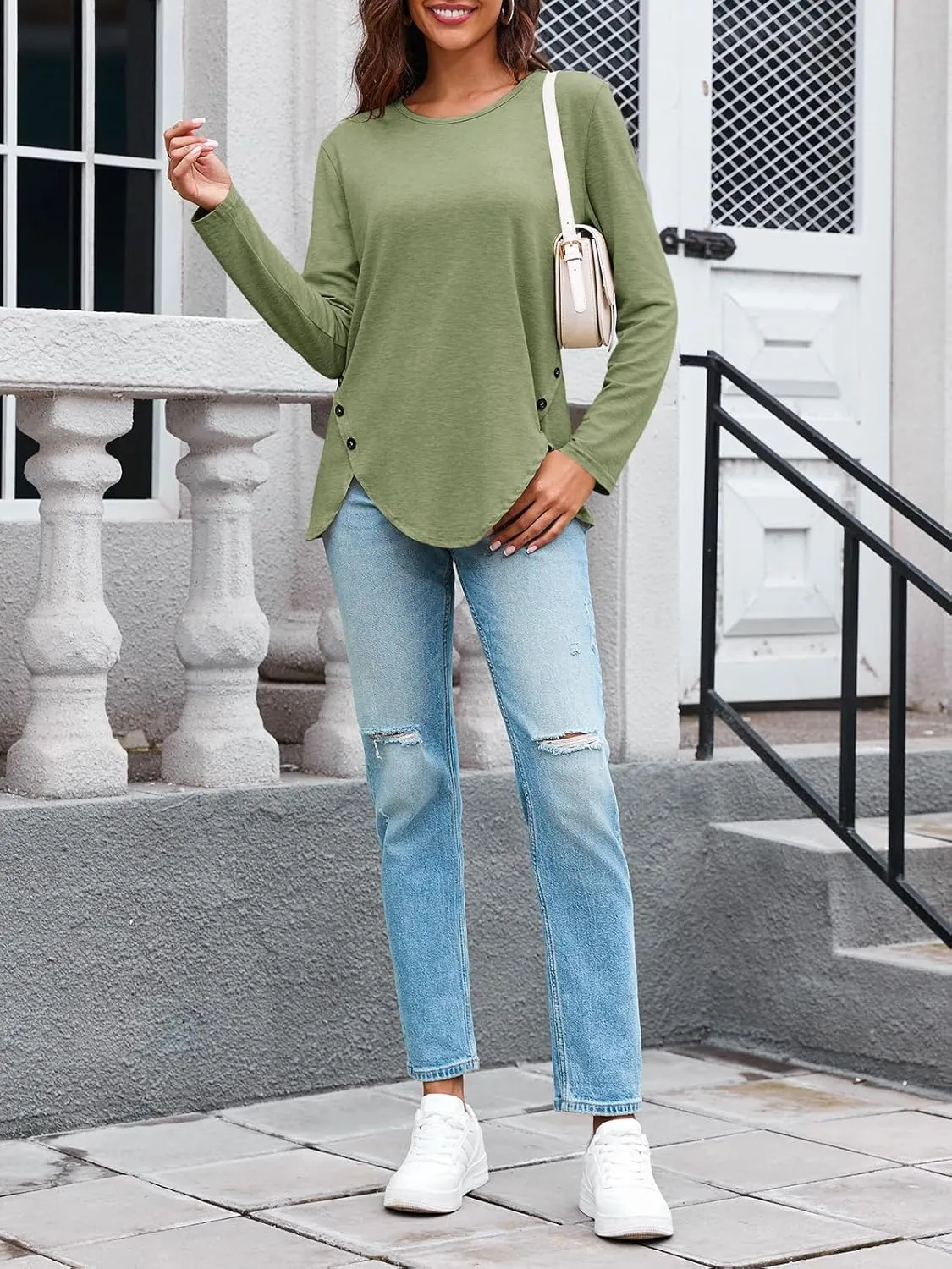 Fisoew Womens Casual Long Sleeve Tunic Tops Round Neck Shirt Button Side Basic Tees Wearring with Leggings 2024