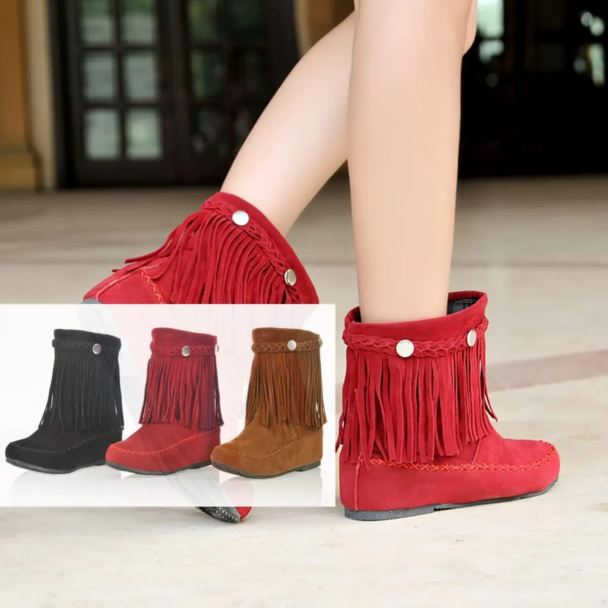Flat Fringe Ankle Boots Cowgirl Western Tassel Booties Women Retro Vintage Low Heel Round Toe Pull On Short Boots