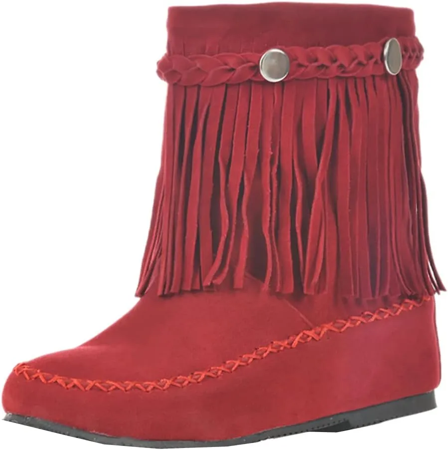 Flat Fringe Ankle Boots Cowgirl Western Tassel Booties Women Retro Vintage Low Heel Round Toe Pull On Short Boots