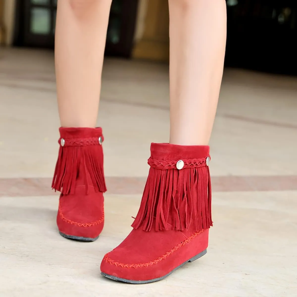 Flat Fringe Ankle Boots Cowgirl Western Tassel Booties Women Retro Vintage Low Heel Round Toe Pull On Short Boots
