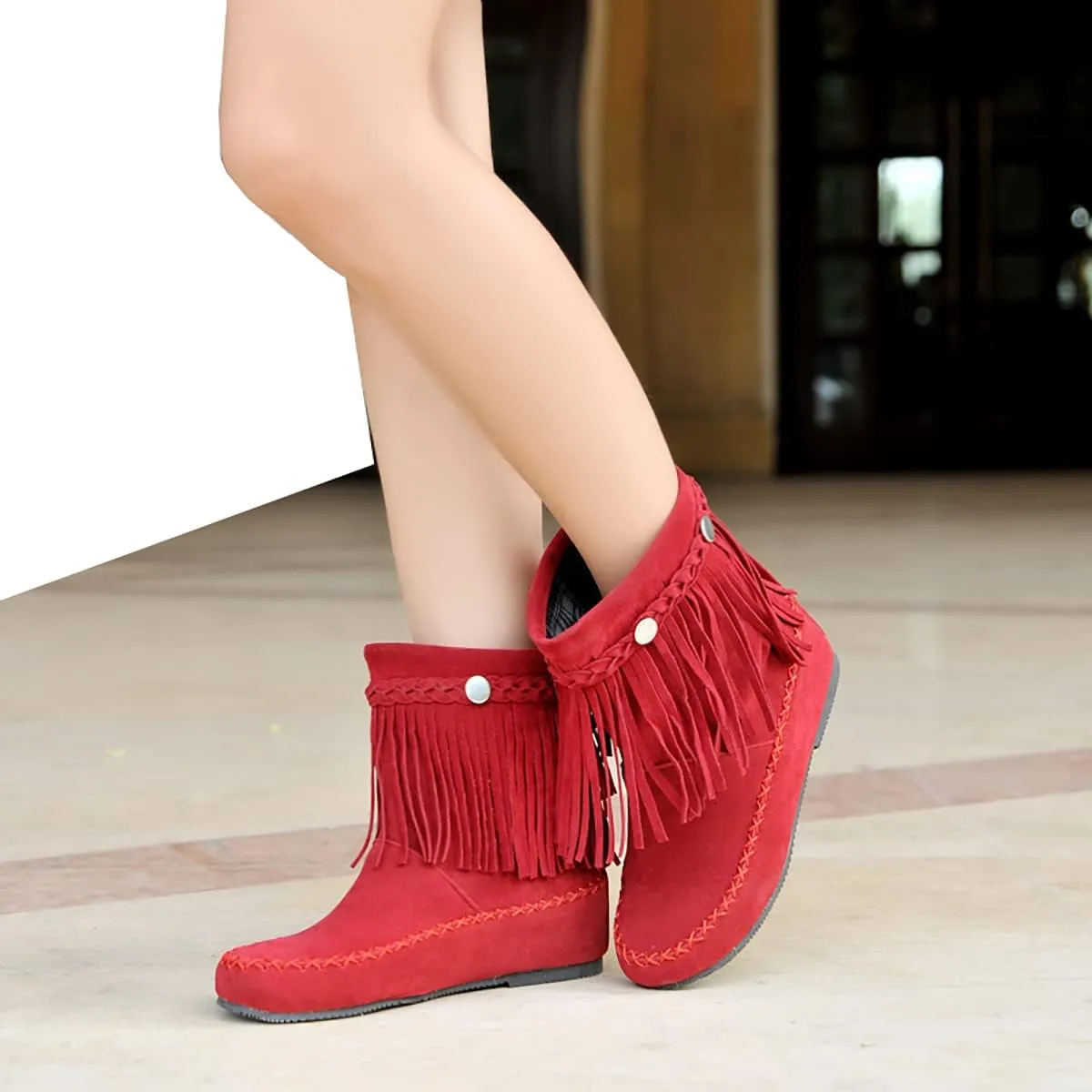 Flat Fringe Ankle Boots Cowgirl Western Tassel Booties Women Retro Vintage Low Heel Round Toe Pull On Short Boots