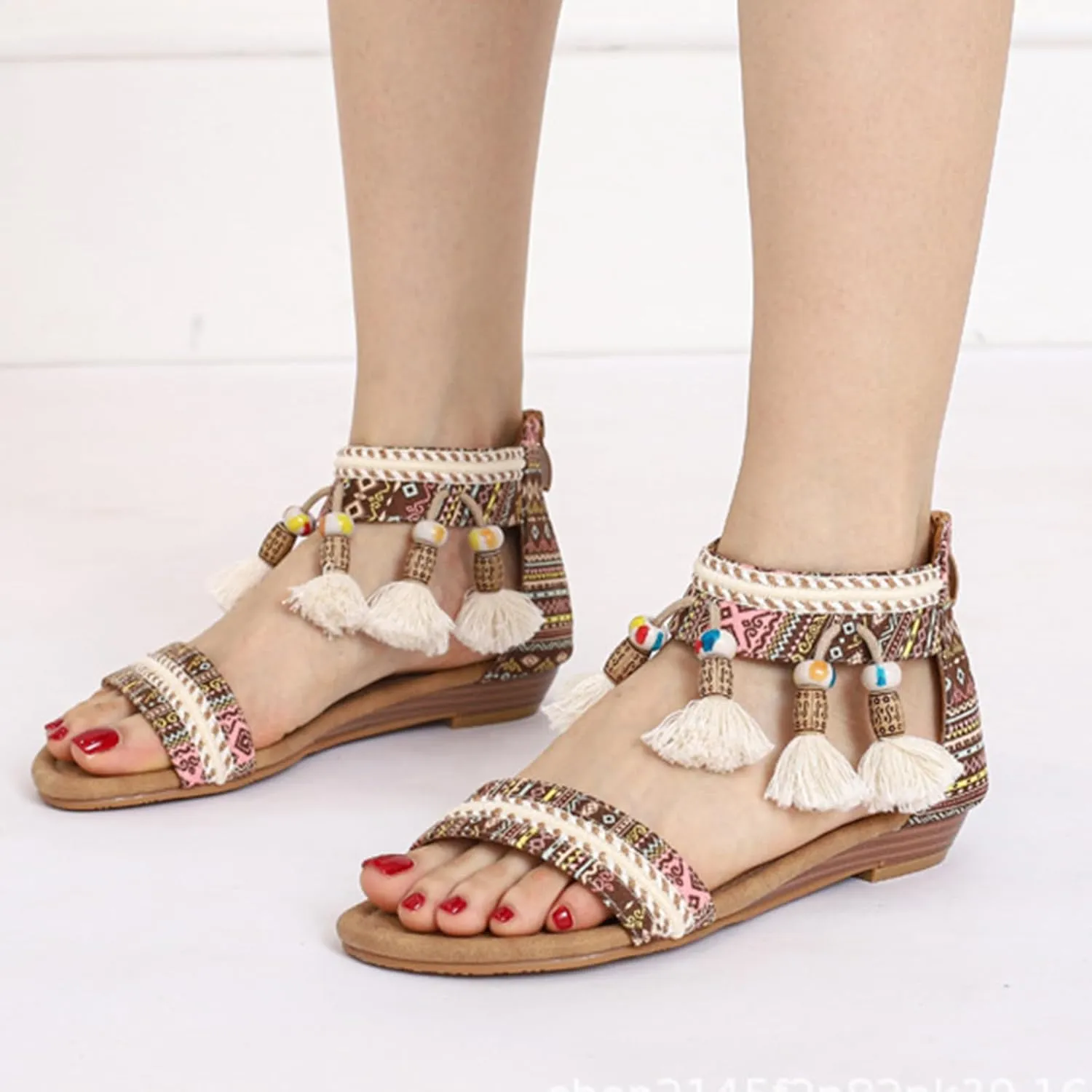 Flat Sandals for Women Open Toe Rhinestones Beaded Embellished Gladiator Sandals Bohemian Ethnic Style Dressy Sandal Summer Flat Braided Shoes with Zipper Closure