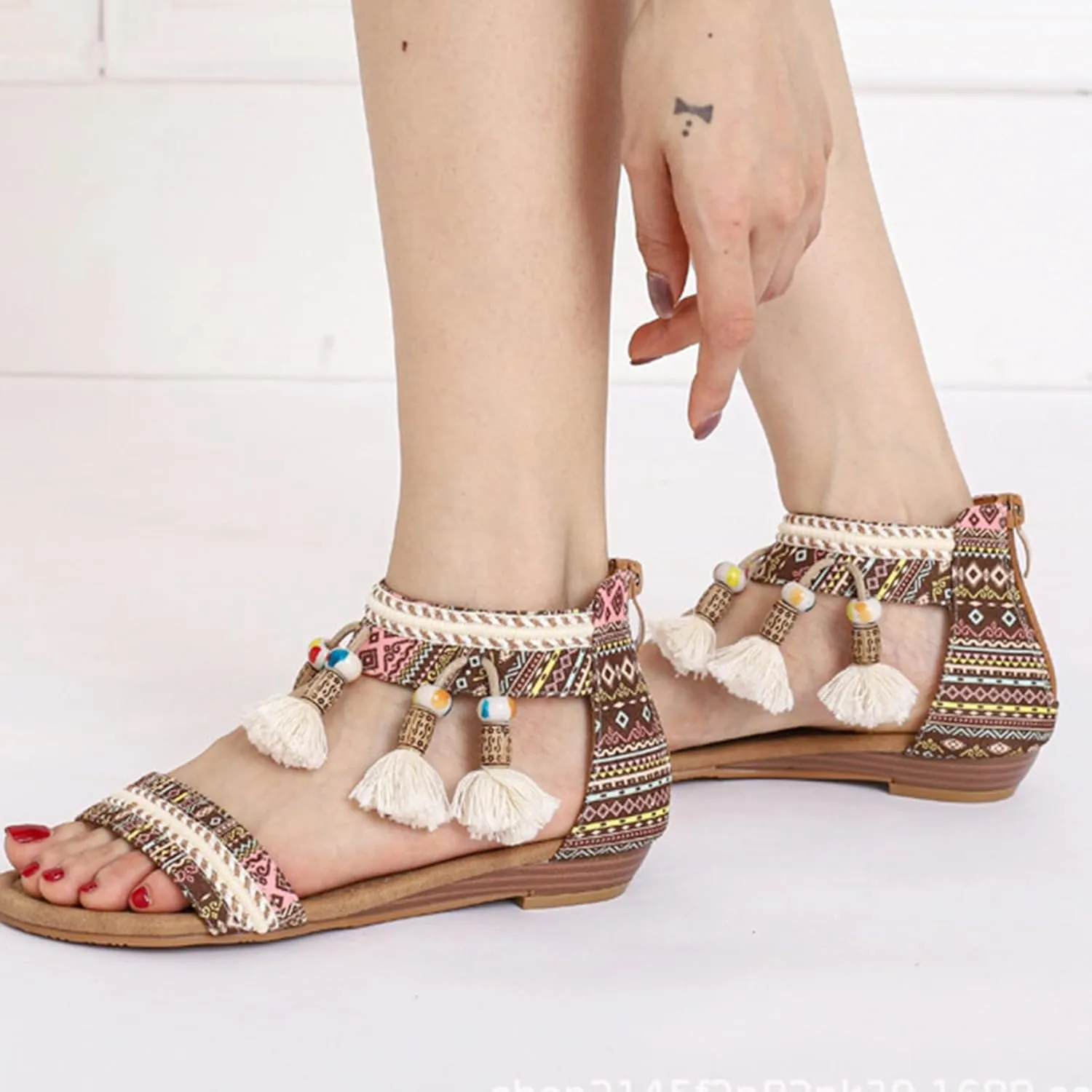 Flat Sandals for Women Open Toe Rhinestones Beaded Embellished Gladiator Sandals Bohemian Ethnic Style Dressy Sandal Summer Flat Braided Shoes with Zipper Closure