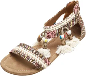 Flat Sandals for Women Open Toe Rhinestones Beaded Embellished Gladiator Sandals Bohemian Ethnic Style Dressy Sandal Summer Flat Braided Shoes with Zipper Closure