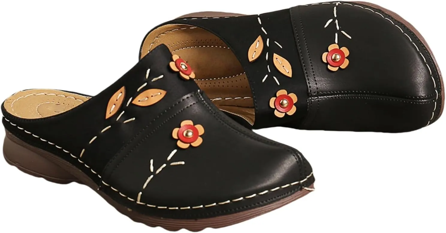 Flowers Clogs Shoes for Women Summer Leather Comfortable Slippers Casual Slip on Wide Fit Mules Lightweight Closed Toe Open Back Loafers with Arch Support